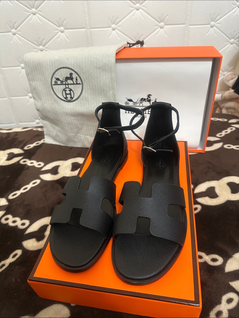 Hermes Black Ankle-Strap Leather Sandals